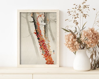 Póster retro con estampado de hiedra roja y pájaros de Ohara Koson n.° 401, naranja, gris, arte japonés retro, dibujo antiguo, estética de póster