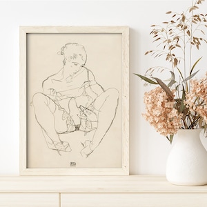 Woman Spreading Legs Seated Woman In Chemise From 1914 By Egon Schiele Original Female Line Art Drawing #577 Retro Poster, Beige, Gray
