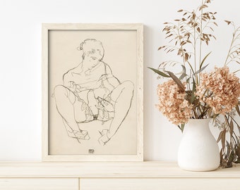 Woman Spreading Legs Seated Woman In Chemise From 1914 By Egon Schiele Original Female Line Art Drawing #577 Retro Poster, Beige, Gray