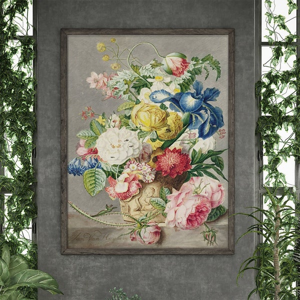 Bouquet Cornelis Van Amstel #86 Reproduction Prints, Masterpiece Classic, Floral Prints, Green, Colorful, Retro Oil Painting, Flowers Art