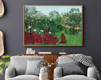 Bosque tropical con monos de Henri Rousseau n.° 262 Impresiones retro, verde, rojo, lienzo moderno, reproducción de arte, dibujo antiguo