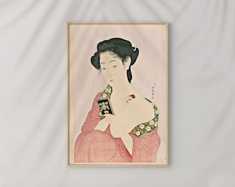 Japanese Woman Applying Powder by Goyo Hashiguchi #428 Retro Prints, Green, Red, Art Reproduction, Ukiyo Poster, Retro Japanese Art