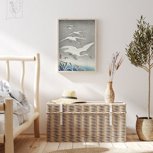 Descending Egrets In Snow by Ohara Koson #400 Retro Prints, Blue, Grey, Art Reproduction, Fine Art Print, Retro Japanese Art