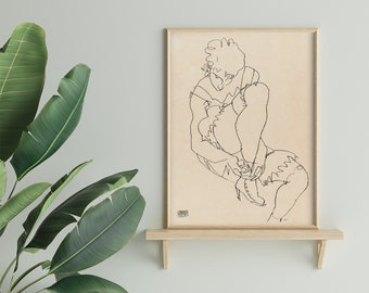Woman Buttoning Her Shoes 1915 By Egon Schiele Original Female Line Art Drawing #576 Retro Poster, Beige, Gray, Expressionism Print, Body