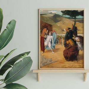May include: A painting depicting a group of people in a landscape setting. The figures are dressed in colorful clothing and appear to be engaged in a conversation. The background features a mountain range and a tree.