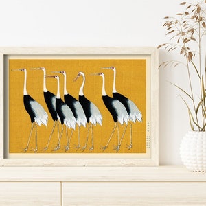 Japanese Red Crown Crane by Ogata Korin #386 Retro Prints, Yellow, Black, Art Reproduction, Fine Art Print, Retro Japanese Art