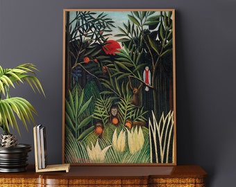 Monos y loros en un bosque virgen de Henri Rousseau n.° 261, póster retro, verde, rojo, estética de póster, impresión de pintura, botánico retro