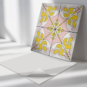 Floral Pattern In Tiles Tile Stickers, Yellow Self Adhesive Tiles, Tile Stickers, Texture PVC Wall Tiles, Wall Tile Stickers