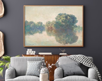 El Sena en Giverny de Claude Monet #129 Cuadro famoso, Reproducción de cuadro, Póster retro, Beige, Azul, Cuadro al óleo retro
