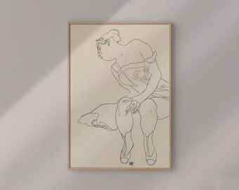 Naked Lady Seated Woman In Corset And Boots 1918 By Egon Schiele Original Female Line Art Drawing #551 Retro Poster, Beige, Gray, Body Art