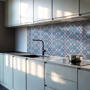 Geometric A Floral Motif PVC Wall Tiles, Blue Tile Stickers, Peel and Stick Tiles, Texture Tile Stickers, Bathroom Tile Stickers