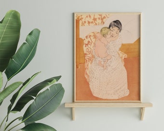 Maternal Caress Illustration Mary Cassatt #126 Reproduction Prints, Masterpiece Classic, Retro Prints, Orange, Beige, Retro Oil Painting