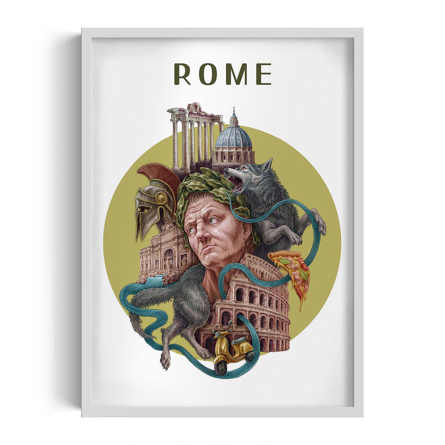 Stylized Rome Abstract Rome Illustration in Frame, Green Background Rome City Wall Art, City ...