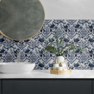Toucan On Decorative Tiles PVC Wall Tiles, Blue Tile Stickers, Self Adhesive Tiles, Floral Tile Stickers, Wall Tile Stickers