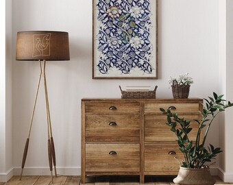 Impresión en acuarela de William Morris n.° 226, impresiones retro, azul marino, blanco, dibujo artístico antiguo, bocetos artísticos retro, impresión de bellas artes