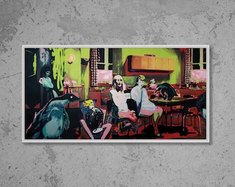 May include: A painting depicting a scene in a kitchen with four figures. The figures are dressed in colorful clothing and are sitting around a table. There is a penguin in the foreground. The painting is done in a vibrant style with bold colors.