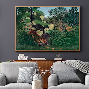 Fight Between A Tiger And A Buffalo by Henri Rousseau #264 Retro Prints, Green, Blue, Modern Canvas, Art Reproduction, Antique Drawing Art