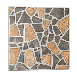 Peut inclure: Un carreau carré avec un motif de mosaïque de pierres de formes irrégulières. Les pierres sont un mélange de brun clair et de gris foncé.