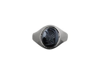 Silver 12x10mm oval Haematite Roman Centurion Soldier Signet Ring Sizes P, Q, R, S, T