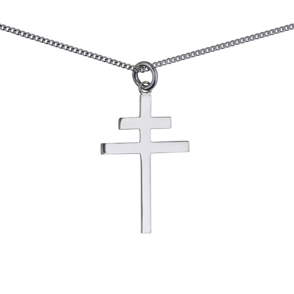 Grand collier pendentif croix de Lorraine en argent sterling 32 x 21 mm, chaîne britannique fabriquée au Royaume-Uni, bijoux, bijoux, cadeau croix de