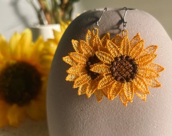 Sunflower drop earrings. Hypoallergenic stainless steel. Lightweight flower statement dangle earrings. Australian handmade. FREE SHIPPING