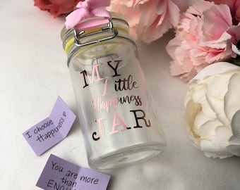 Little Happiness Jar - Personalised Jar - 52 Blank Notes- quotes, memories, date ideas - Stocking filler