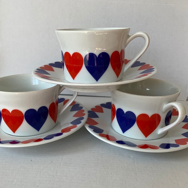 Three Heart Coffee Cups and Saucers Scherzer Bavaria Germany.