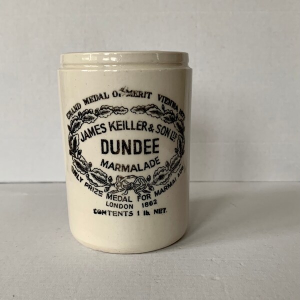 Old Antique Jar. Marmalade Jar. Dundee Marmalade. James Keiller & Son ironstone marmalade jar.