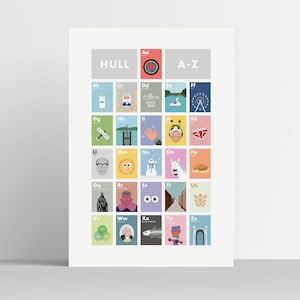 May include: A colorful alphabet poster with illustrations representing different aspects of the city of Hull, England. The poster is titled "Hull A-Z" and features a red circle with a white star in the top left corner.