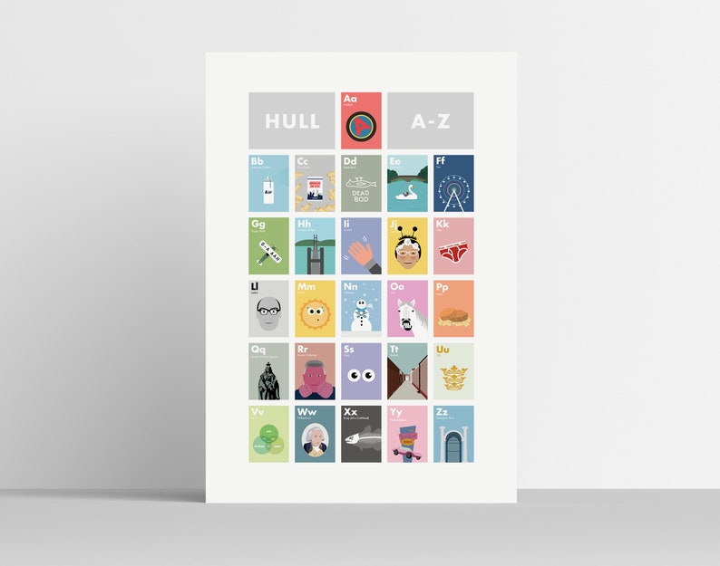 May include: A colorful alphabet poster with illustrations representing different aspects of the city of Hull, England. The poster is titled "Hull A-Z" and features a red circle with a white star in the top left corner.