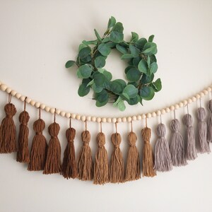 Neutral Tassel Garland, Boho Yarn Wall Hanging, Earth Tone Wall Art, Gender Neutral Nursery Decor, Natural Garland, Wood Bead Tassel Garland