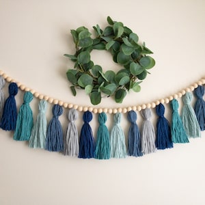 Ocean Cascade Garland, Tassel Garland Nursery, Boho Tassel Garland, Wood Bead Tassel Garland, Yarn Wall Hangings, Nautical Wall Decor