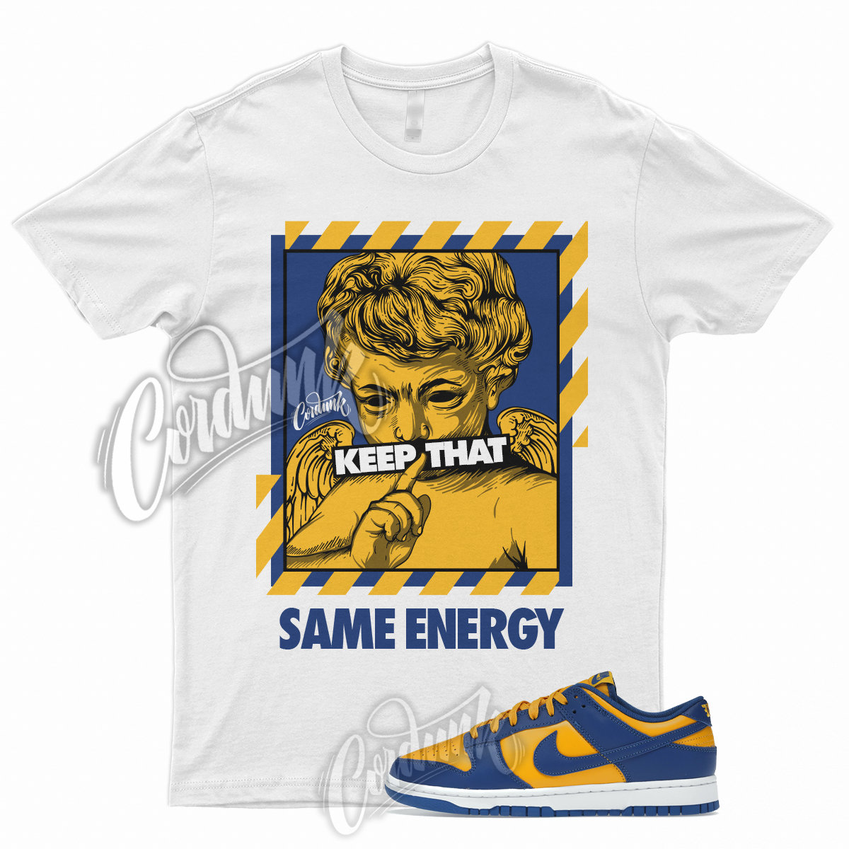 navy and yellow graphic tee