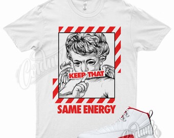 White &quot; ENERGY &quot; T Shirt for Jordan 12 Twist University Red White 1 4 11 by Kicks Matched