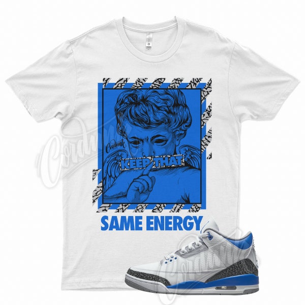 White " ENERGY " T Shirt for Air Jordan 3 Racer Blue Cement Grey by Kicks Matched