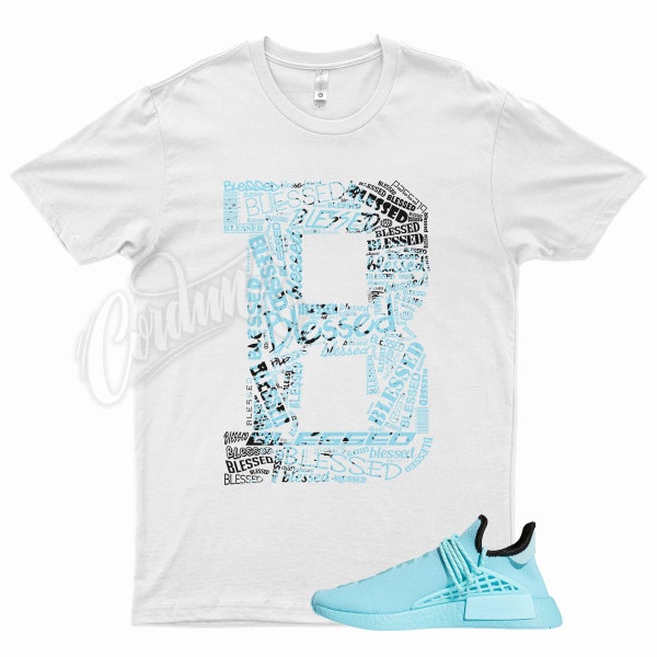 White " BLESSED" T Shirt for Pharrell x Adidas NMD Hu Aqua Black by Kicks Matched