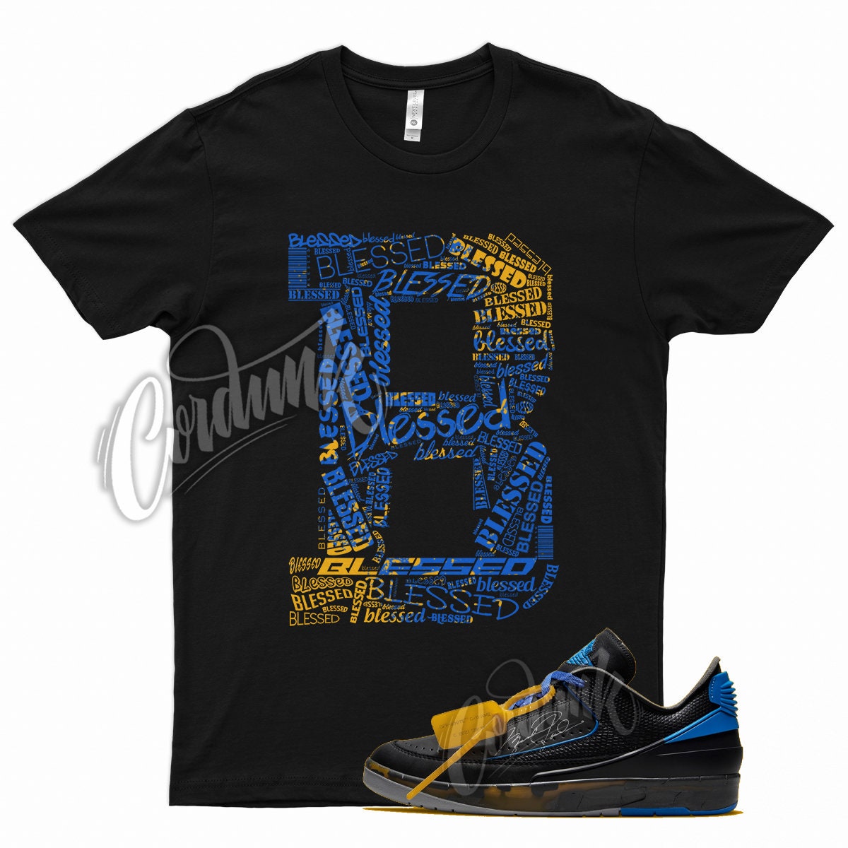 Black Blessed T Shirt for Jordan 2 Off Varsity Royal University Gold Yellow Blue by Kicks Matched