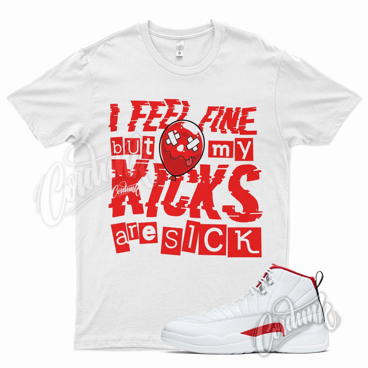 White " SICK V2 " T Shirt for Jordan 12 Twist University Red White 1 4 11 by Kicks Matched