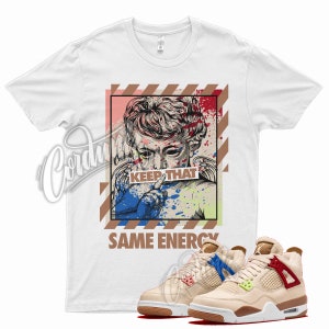 White &quot; ENERGY &quot; T Shirt for Air Jordan 4 Wild Things Hemp Brown Barely Volt Red Blue by Kicks Matched