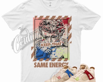 White " ENERGY " T Shirt for Air Jordan 4 Wild Things Hemp Brown Barely Volt Red Blue by Kicks Matched