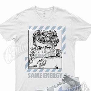 White " ENERGY " T Shirt for Air Jordan 1 Mid Wolf Grey Aluminum Hyper Royal Blue by Kicks Matched