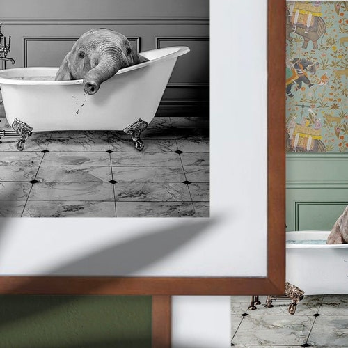 Elephant Animal in Bathroom Bath Tub Art Print Etsy