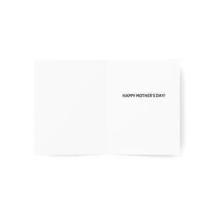 K&ouml;nnte beinhalten: Eine offene wei&szlig;e Gru&szlig;karte mit dem Text "HAPPY MOTHER'S DAY!" in schwarzer Schrift. Die Karte hat ein schlichtes, sauberes Design und ist innen leer.