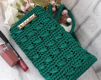 Green Crochet Phone Bag Handmade Gift for girl
