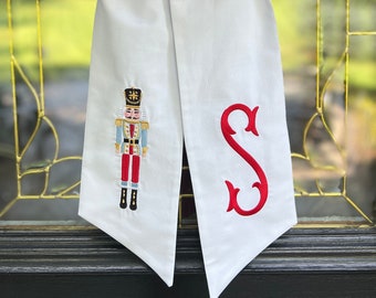 XL Light Blue & Red Nutcracker Christmas Wreath Sash with Monogram, Nutcracker Bow, Monogram Front Door, Housewarming Gift