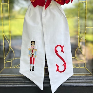 XL Light Blue & Red Nutcracker Christmas Wreath Sash with Monogram, Nutcracker Bow, Monogram Front Door, Housewarming Gift