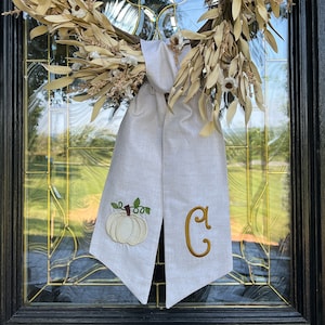 Fall White Pumpkin Wreath Sash, Monogram Wreath Bow Front door