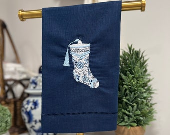 Chinoiserie Stocking Hemstitch Linen Guest Towel, Fingertip Towel, Blue & white hand towel