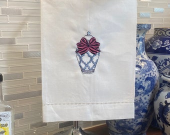 Ginger Jar Bow Linen Hemstitched Hand Towel, Bridal Gift, Bachelorette, Mother's day, Hostess gift, Housewarming, Teacher gift, Wedding