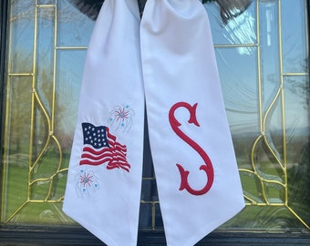 Patriotic Flag Monogram Wreath Sash, Memorial Day Wreath Bow, July 4th Door Decor